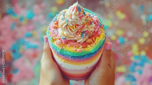 Rainbow cake, hands holding, sprinkles, dessert, whimsical background, confectionery, food photography photo