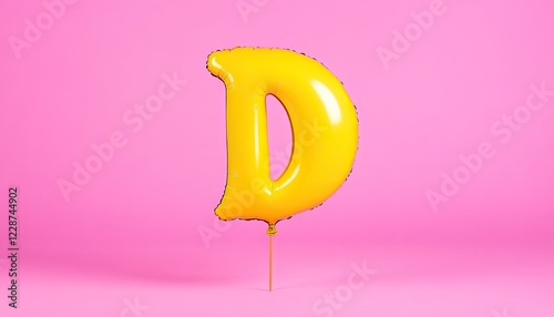 Bright yellow balloon letter 'D' stands upright against a vibrant pink background, showcasing celebration