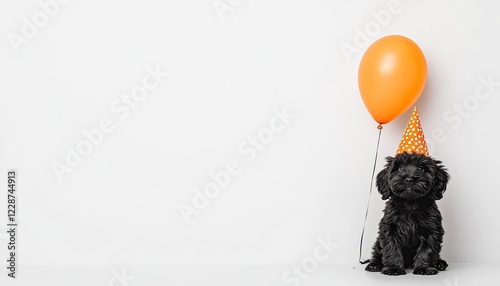 A playful black dog wearing a party hat sits beside an orange balloon on a white background