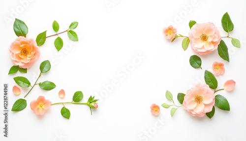 Soft pink flowers and green leaves arranged artistically on a white background for decorative use