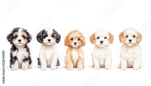 Five adorable puppies of varying colors and breeds sitting in a row against a white background