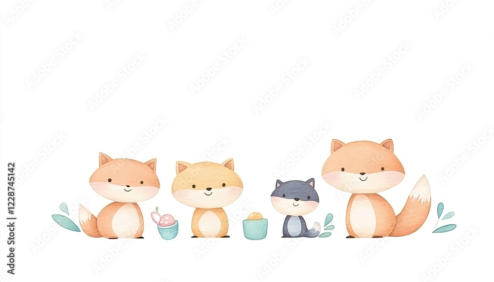 Fototapeta premium Cute illustration of four cartoon foxes enjoying a playful day with colorful treats and water splashes