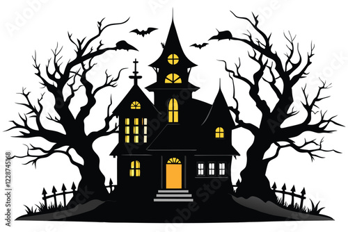 A black silhouette haunted house on a white background