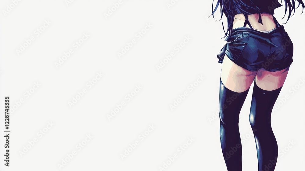 Anime girl, back view, shorts, stockings, white background Anime girl, back view, shorts, stockings, white background