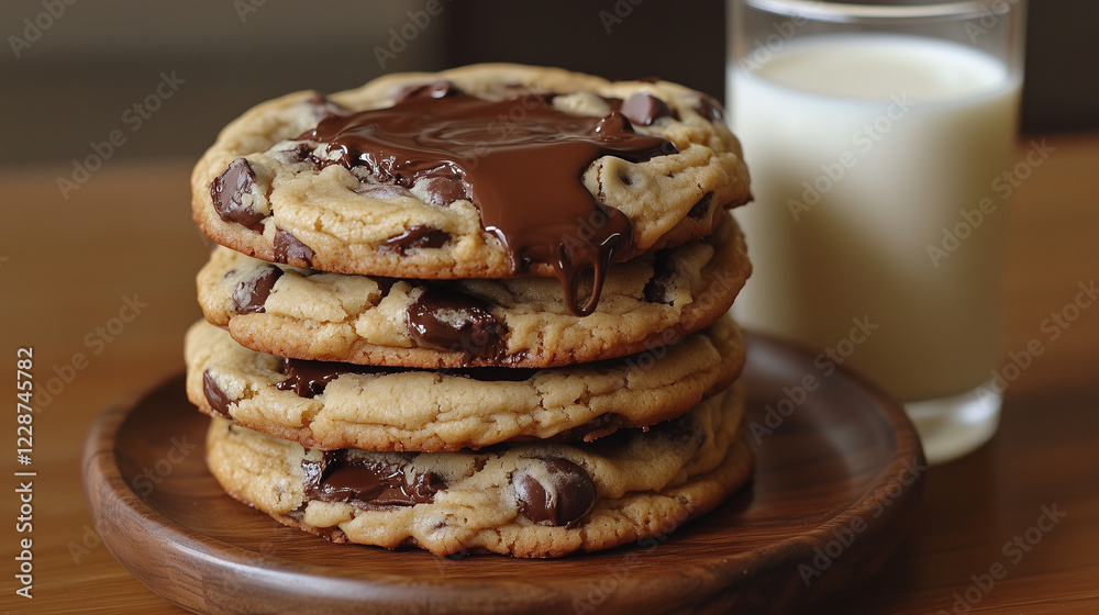 Close-up of a crispy chocolate chip cookie with melted chocolate chunks in the middle, blurred background with cookie ingredients like flour and chocolate bars Close-up of a crispy chocolate chip cookie with melted chocolate chunks in the middle, blurred background with cookie ingredients like flour and chocolate bars