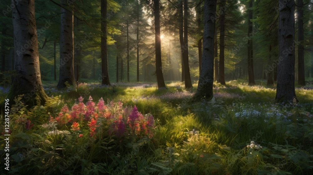Obraz premium Sunlight filters through tall trees in a forest with wildflowers in bloom