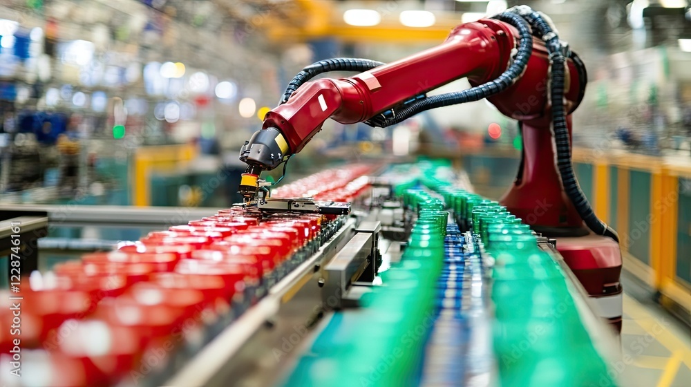 Naklejka premium A robotic arm assembling sustainable products with minimal waste in a high-tech factory.