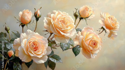 A beautiful arrangement of creamy peach roses with delicate petals and lush green leaves against a soft, light background.