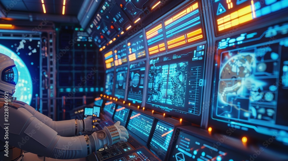 Futuristic Space Station Interior with Advanced Control Panels, Screens, Equipment, and Technology Futuristic Space Station Interior with Advanced Control Panels, Screens, Equipment, and Technology