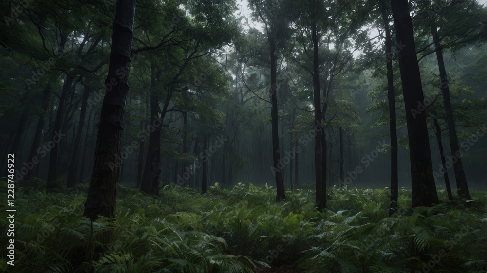 Fototapeta premium Misty forest with tall trees and lush green ferns on the forest floor creating a moody atmosphere