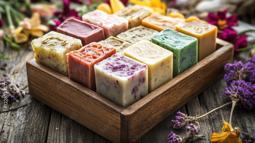 A set of luxurious handmade soap bars in a carefully crafted wooden display box A set of luxurious handmade soap bars in a carefully crafted wooden display box