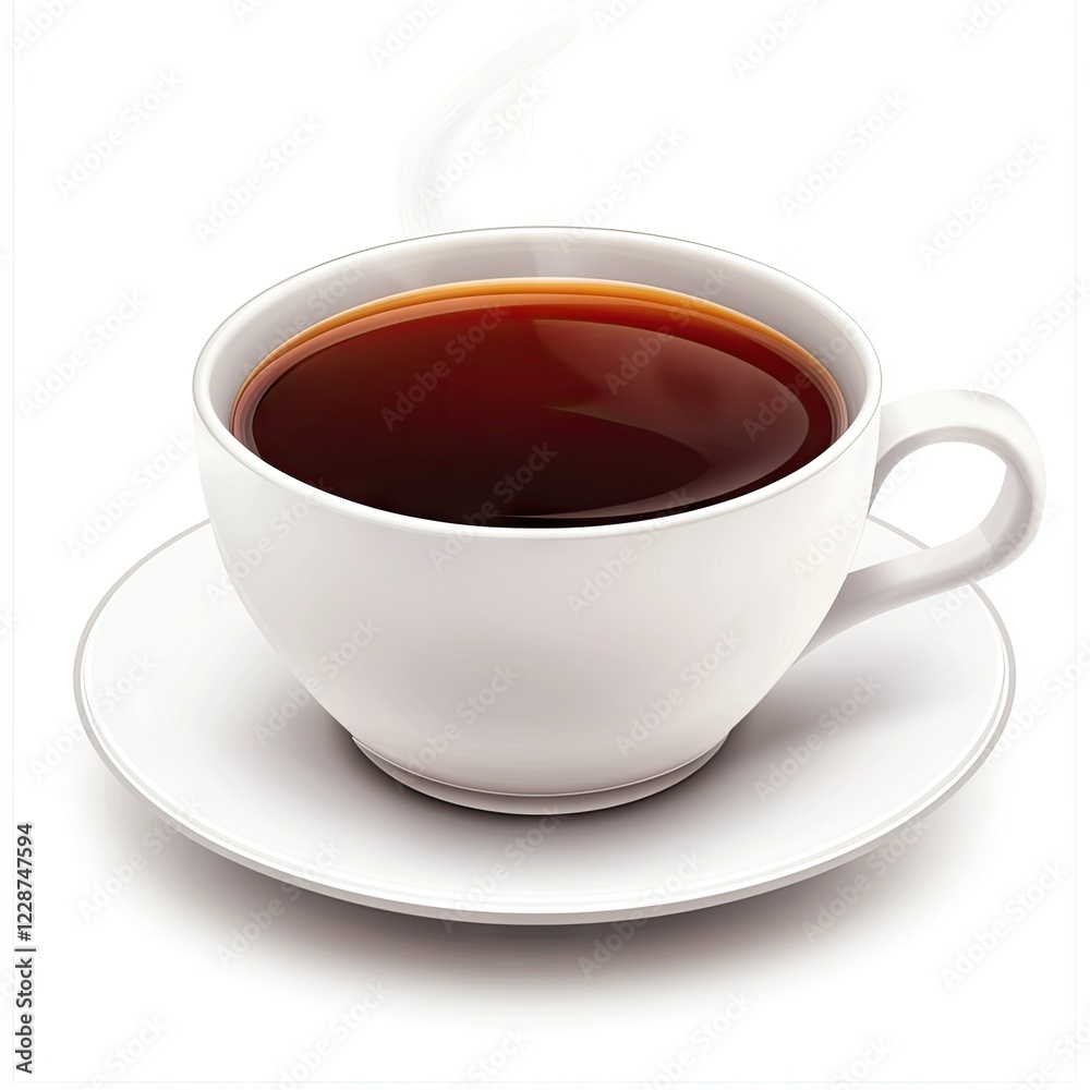 Hot tea cup, saucer, steam; white background; breakfast, break Hot tea cup, saucer, steam; white background; breakfast, break