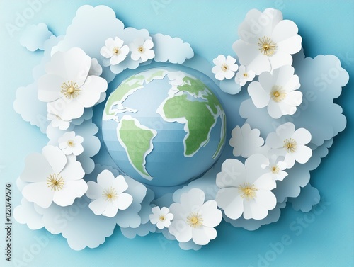 Paper cutout illustration of Earth surrounded by clouds and white flowers