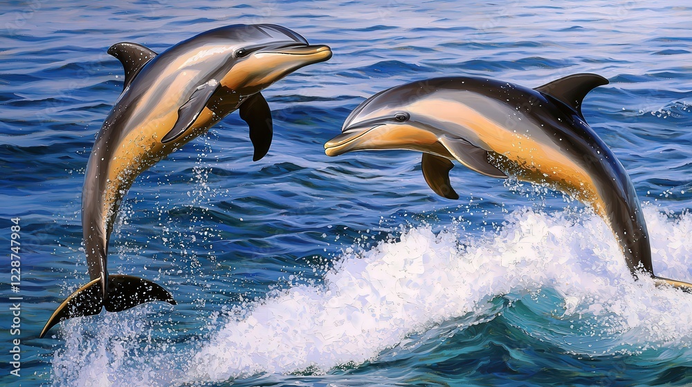 Fototapeta premium Two dolphins leap joyfully above the water's surface, creating splashes in a vibrant ocean setting.