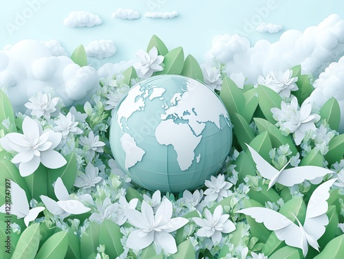 Paper cutout illustration of Earth with flowers, leaves, and butterflies