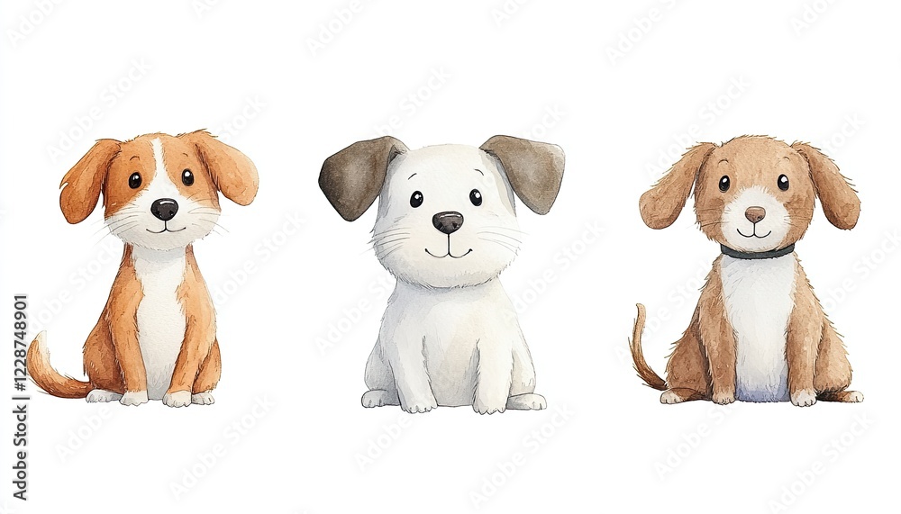 Three adorable cartoon puppies sitting side by side, showcasing their unique fur patterns and expressions Three adorable cartoon puppies sitting side by side, showcasing their unique fur patterns and expressions
