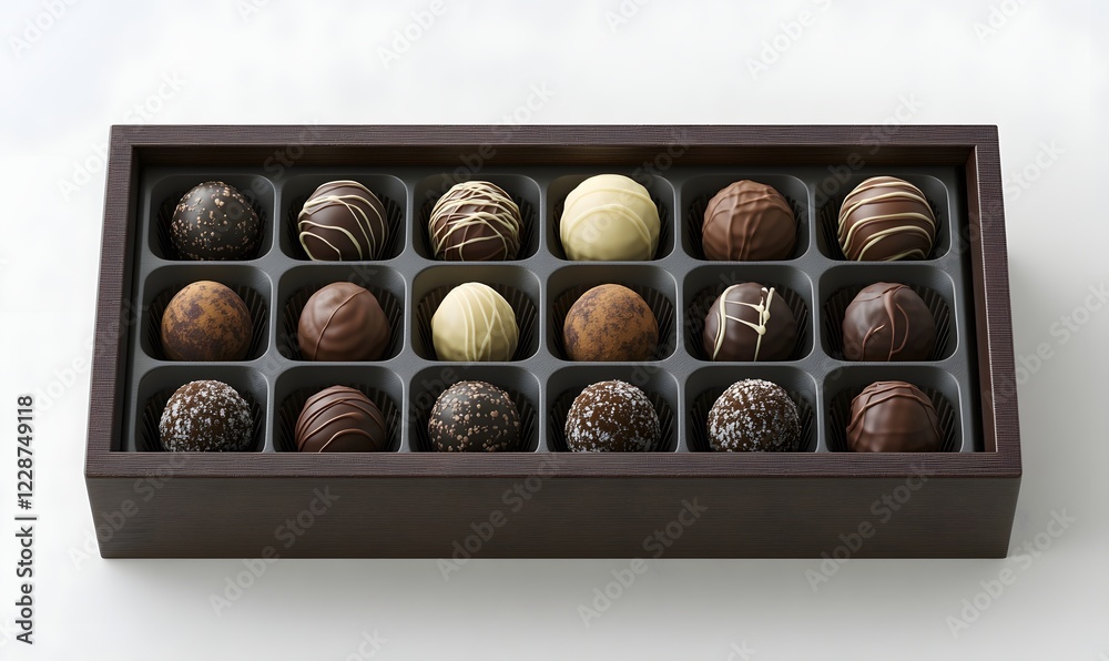 Assorted chocolates in wooden box, studio shot, white background, gift Assorted chocolates in wooden box, studio shot, white background, gift