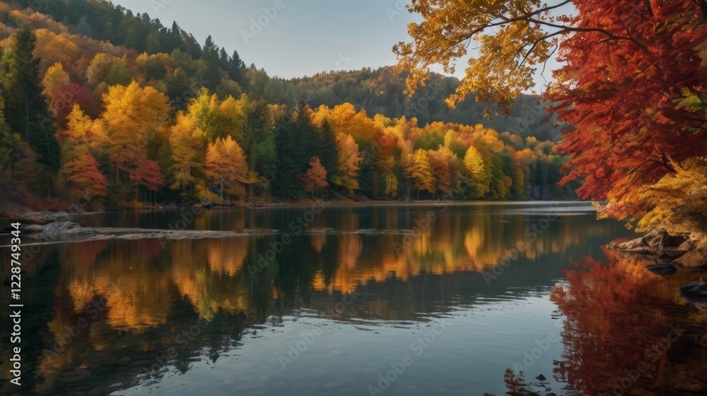 Reflections of Fall Colors on a Calm Lake Surrounded by a Lush Forest Reflections of Fall Colors on a Calm Lake Surrounded by a Lush Forest