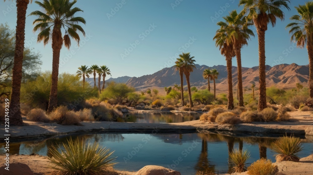 Fototapeta premium Tranquil desert oasis with palm trees, a reflective pond, and arid mountains in the background
