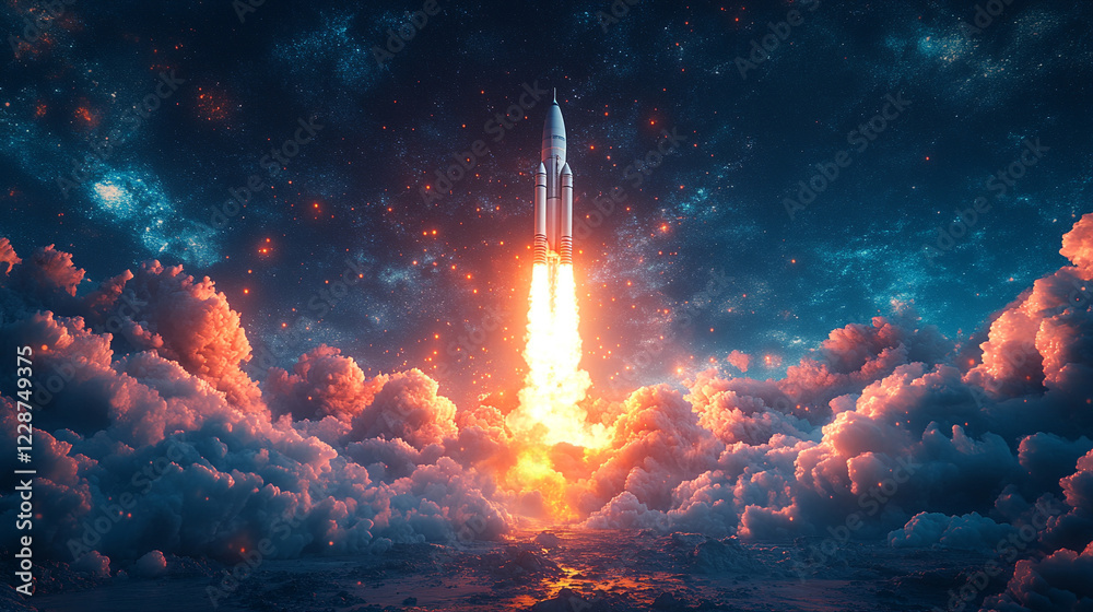 A space rocket launching with flames and smoke against a dark blue background representing innovation exploration minimalistic bright modern blurred empty space for caption on side A space rocket launching with flames and smoke against a dark blue background representing innovation exploration minimalistic bright modern blurred empty space for caption on side