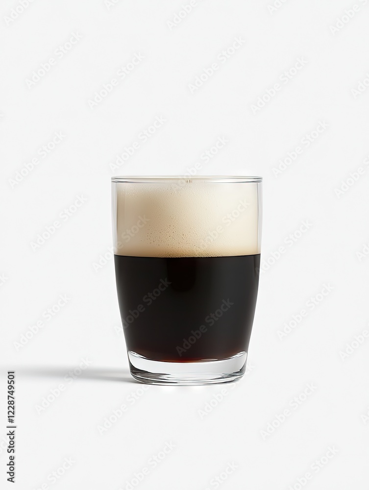 Creamy dark coffee in glass, studio shot, white background, beverage advertising Creamy dark coffee in glass, studio shot, white background, beverage advertising