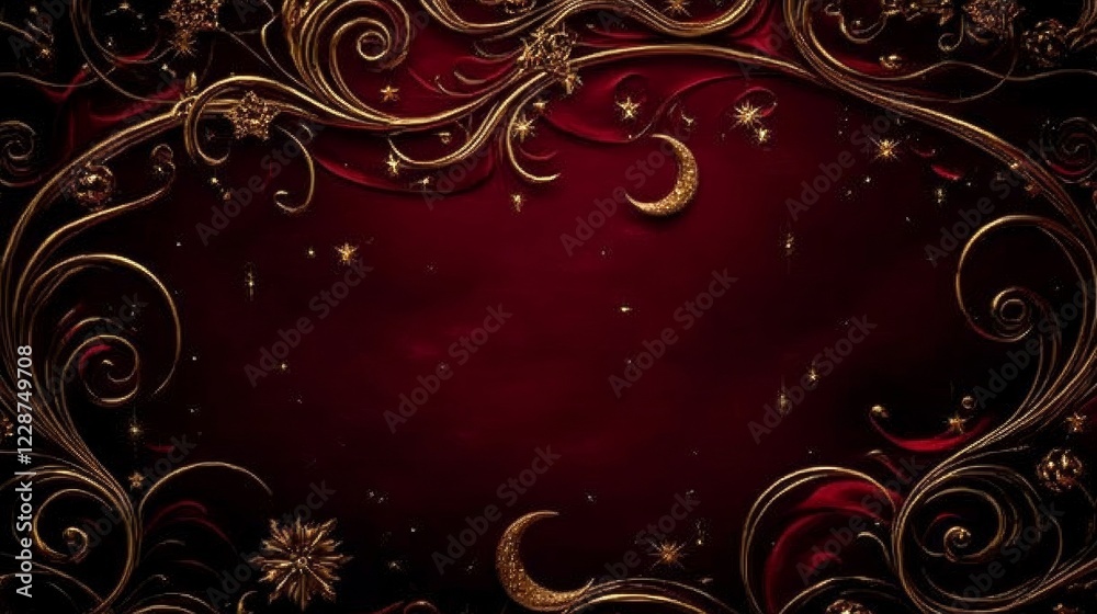 Golden Celestial Swirls on Deep Red Velvet Golden Celestial Swirls on Deep Red Velvet
