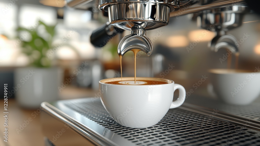 Espresso being poured from an espresso machine into a white cup, close-up shot, Espresso being poured from an espresso machine into a white cup, close-up shot,