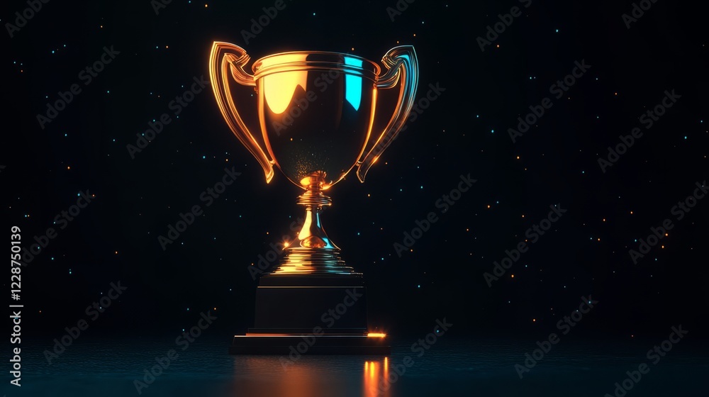 A winner's 3D gold trophy, its handles curved gracefully, glowing warmly on a black background A winner's 3D gold trophy, its handles curved gracefully, glowing warmly on a black background