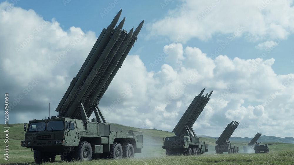 Military Might: A trio of powerful military rocket launchers stand ready, their barrels pointed towards the sky, against a backdrop of dramatic clouds and a vast, open landscape. Military Might: A trio of powerful military rocket launchers stand ready, their barrels pointed towards the sky, against a backdrop of dramatic clouds and a vast, open landscape.