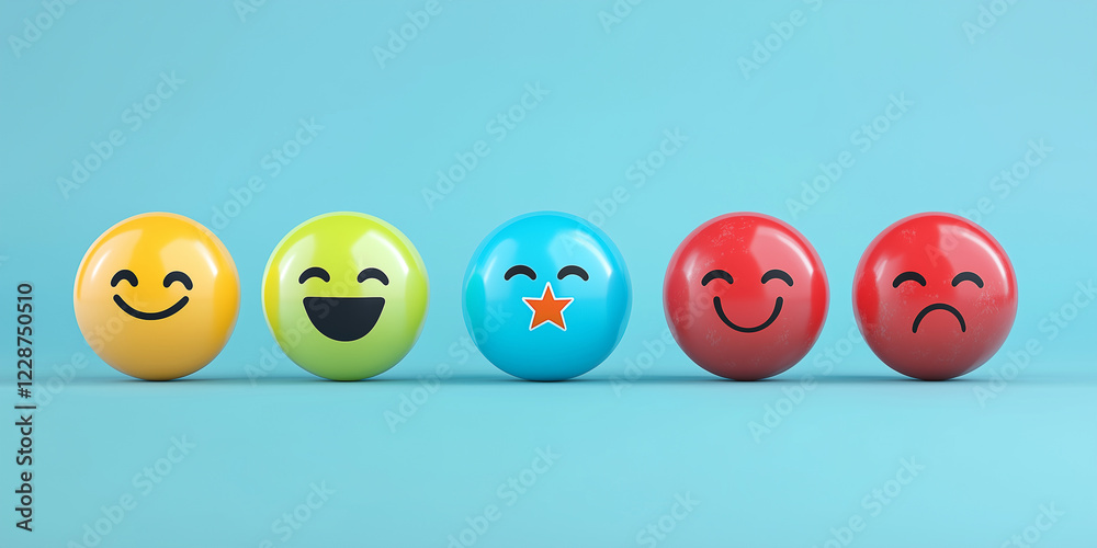 Konzept für eine Kundenzufriedenheitsumfrage. Fünf-Sterne-Bewertung auf virtueller Feedback-Schnittstelle, hervorragende Kundenzufriedenheit. Emoticons verschiedener Feedback-Ebenen, Kundenerfahrung, Konzept für eine Kundenzufriedenheitsumfrage. Fünf-Sterne-Bewertung auf virtueller Feedback-Schnittstelle, hervorragende Kundenzufriedenheit. Emoticons verschiedener Feedback-Ebenen, Kundenerfahrung,