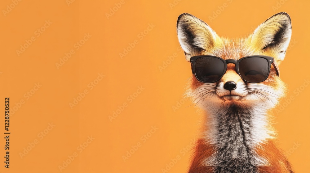 Fototapeta premium Cool fox in sunglasses, orange background. Use social media, advertisement