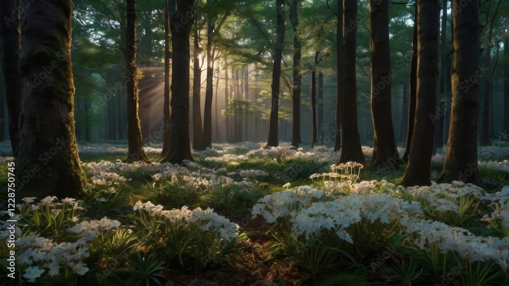 Fototapeta premium Sunlight filtering through tall trees in a forest filled with white wildflowers on the ground