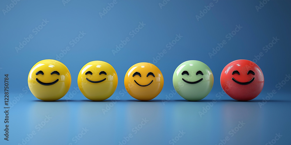 Konzept für eine Kundenzufriedenheitsumfrage. Fünf-Sterne-Bewertung auf virtueller Feedback-Schnittstelle, hervorragende Kundenzufriedenheit. Emoticons verschiedener Feedback-Ebenen, Kundenerfahrung,