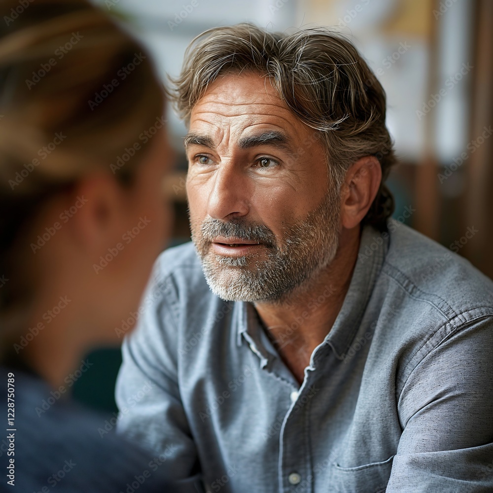 A man over 40 with a determined expression shares his personal struggles with a therapist in a comfortable space, emphasizing resilience and the journey toward emotional growth A man over 40 with a determined expression shares his personal struggles with a therapist in a comfortable space, emphasizing resilience and the journey toward emotional growth