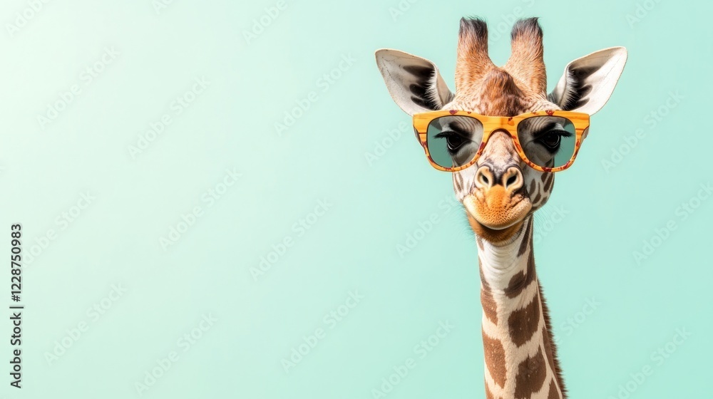 Fototapeta premium Cool giraffe in sunglasses, pastel background, safari mood, fun animal image for social media