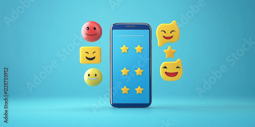 Konzept für eine Kundenzufriedenheitsumfrage. Fünf-Sterne-Bewertung auf virtueller Feedback-Schnittstelle, hervorragende Kundenzufriedenheit. Emoticons verschiedener Feedback-Ebenen, Kundenerfahrung, photo