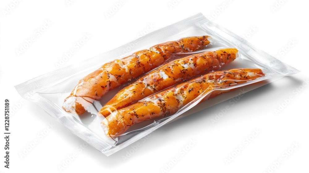 A vacuum-sealed seafood package with a sleek, premium presentation and clear labeling A vacuum-sealed seafood package with a sleek, premium presentation and clear labeling