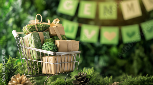 Green Monday sale banner in the background, Shopping cart filled with green, sustainable gifts , Generative ai