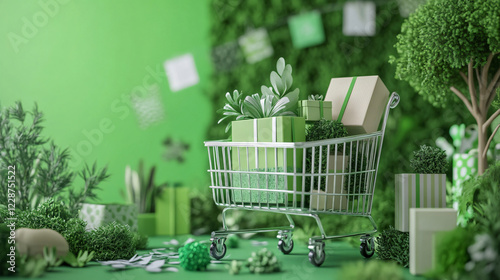 Green Monday sale banner in the background, Shopping cart filled with green, sustainable gifts , Generative ai