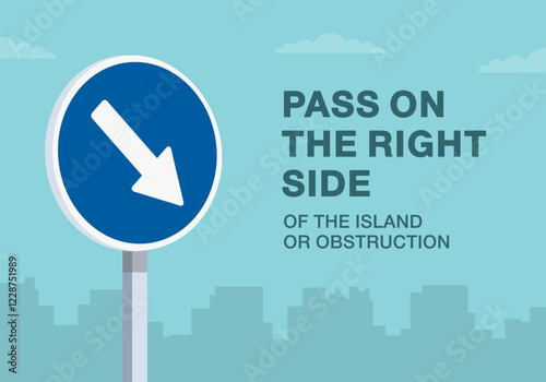 Safe driving tips and traffic regulation rules. Close-up of european "keep right" sign meaning. Pass on the right side of the island or obstruction. Flat vector illustration template.