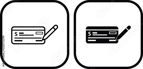 Payment check icon in flat and line style set. vector for apps or website bank cheque symbol. paycheck sign in black Bank Check related glyph icon. Isolated on transparent background.