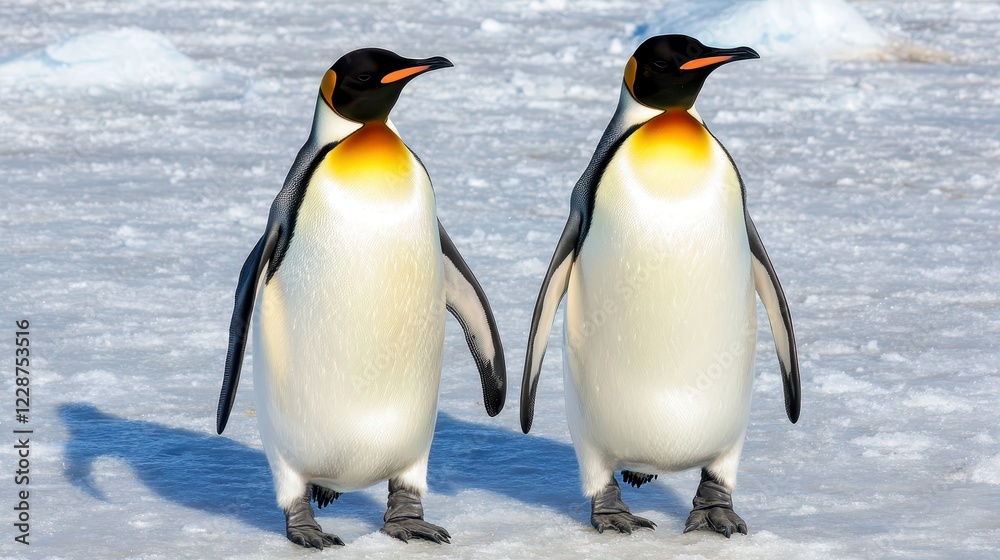 Fototapeta premium Two Emperor Penguins Standing on Ice in Arctic Environment