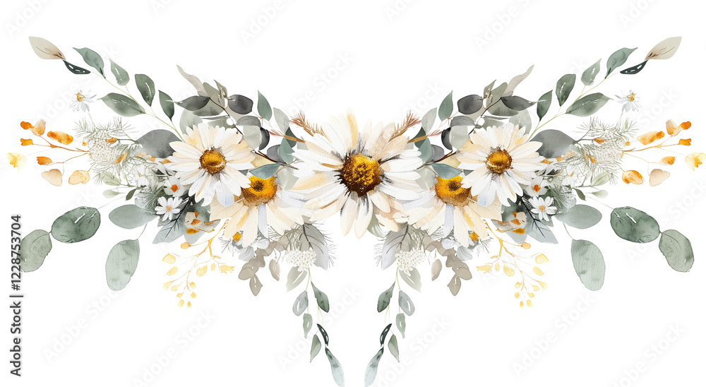 Fototapeta premium Floral arrangement with blooming daisies, eucalyptus leaves, and yellow blossoms on a transparent background