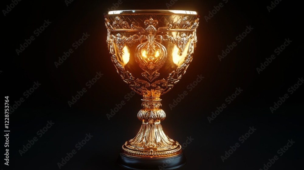 A shining 3D gold trophy cup, with dramatic lighting, standing prominently on a black background A shining 3D gold trophy cup, with dramatic lighting, standing prominently on a black background