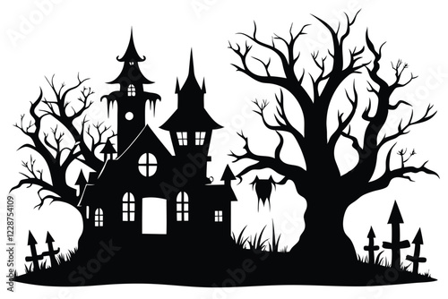 Halloween Houses and trees on white background