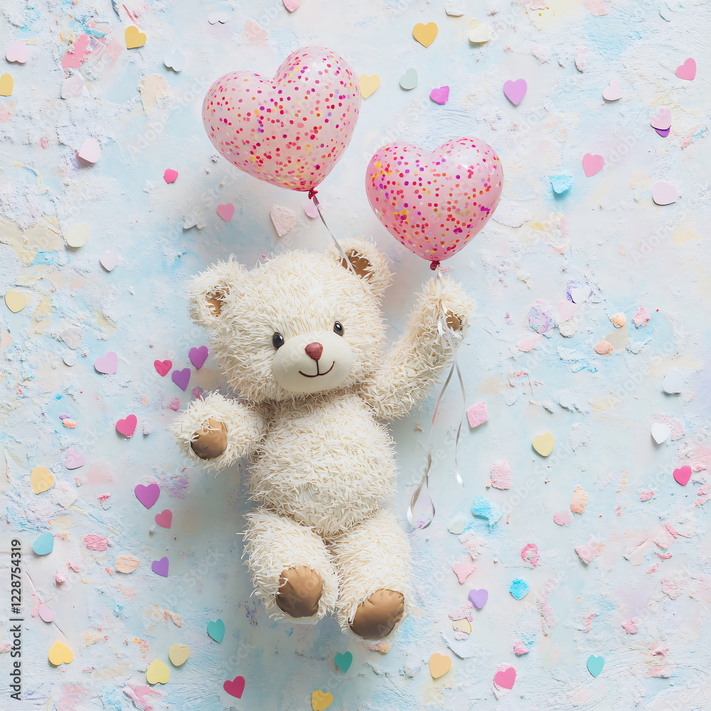 A cute teddy bear holding heart-shaped balloons on a colorful background. A cute teddy bear holding heart-shaped balloons on a colorful background.