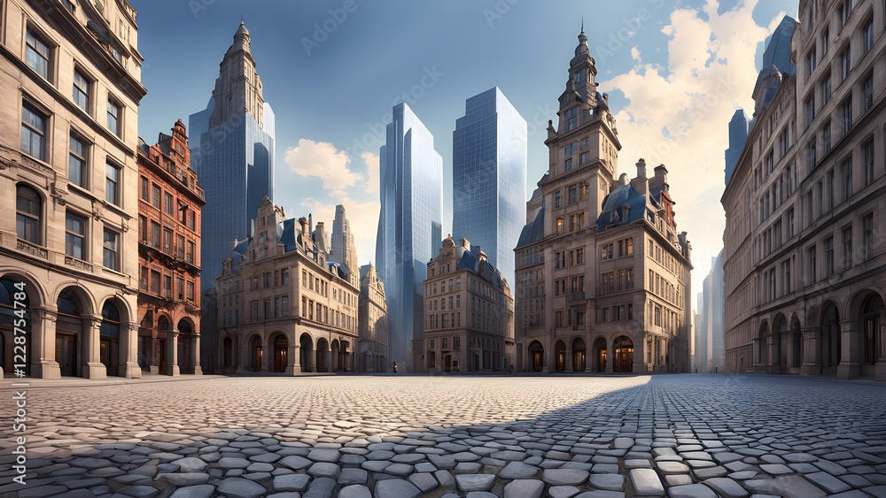 Naklejka premium Cobblestone city square with classic European architecture and modern skyscrapers in the background, bathed in morning sunlight.