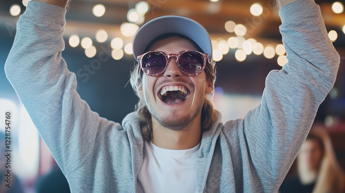 Man Celebrating in the Spotlight:  A young man wearing sunglasses and a cap, with a wide joyful grin,  celebrating with arms raised high in a dimly lit pub with string lights. photo