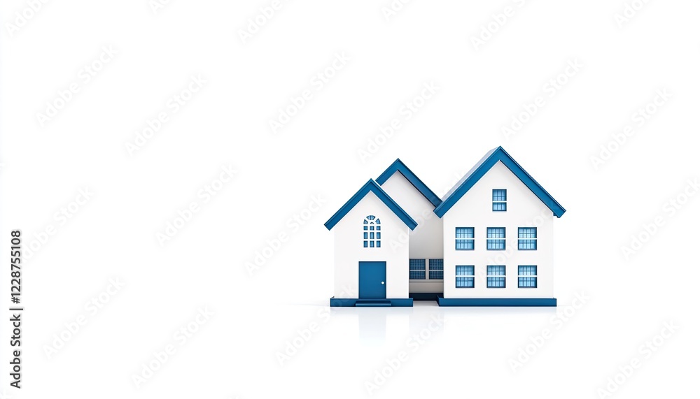 Modern minimalist house design with blue accents on a white background, ideal for real estate Modern minimalist house design with blue accents on a white background, ideal for real estate