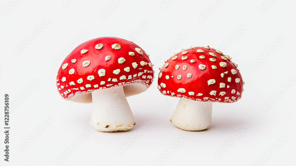 Obraz premium Two vibrant red mushrooms with white spots, showcasing a whimsical appearance against a plain background.